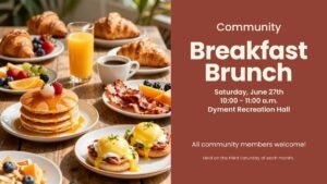 The Community Breakfast and Brunch is a monthly gathering at the Dyment Recreation Hall in Melgund Township, Northwestern Ontario, bringing people together for a simple, welcoming meal and friendly conversation. Held on Saturday, June 27, 2026 from 10:00–11:00 a.m., the event is hosted by local volunteers and offers a relaxed space to connect with neighbours and enjoy good food. Everyone is welcome to drop in and take part in this ongoing community tradition.