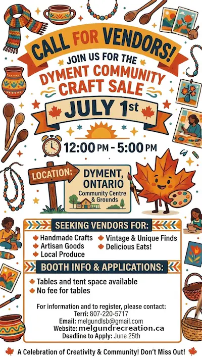 Celebrate Canada Day by showcasing your talents at the upcoming Dyment Community Craft Sale on July 1st! Held at the Dyment, Ontario Community Centre & Grounds from 12:00 PM to 5:00 PM, this vibrant community market is officially calling for local vendors, artisans, and creators to join the festivities. Organizers are currently seeking applications for a wide variety of booths, including handmade crafts, artisan goods, local produce, vintage & unique finds, and delicious eats. It is a fantastic opportunity for small businesses and hobbyists alike, offering both tables and tent spaces with no fee for tables. To learn more about booth information, request an application, or register for the event, interested vendors can contact Terri at 807-220-5177, email melgundlsb@gmail.com, or visit the official website at www.melundrecreation.ca. Make sure to submit your application before the deadline on June 25th. Don't miss out on this incredible celebration of creativity and community in Melgund Township!