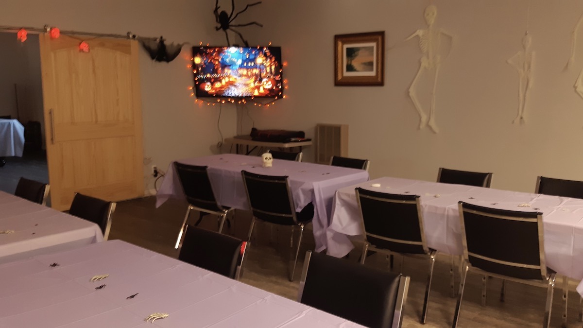 All lit up and ready to rock: the Dyment Rec Hall shines bright after a complete spooky makeover by the recreation team.